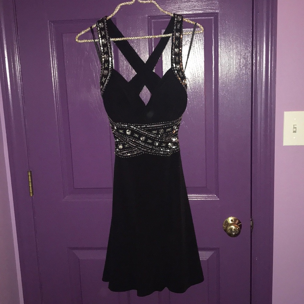 Black cross back dress with silver sequin/beading